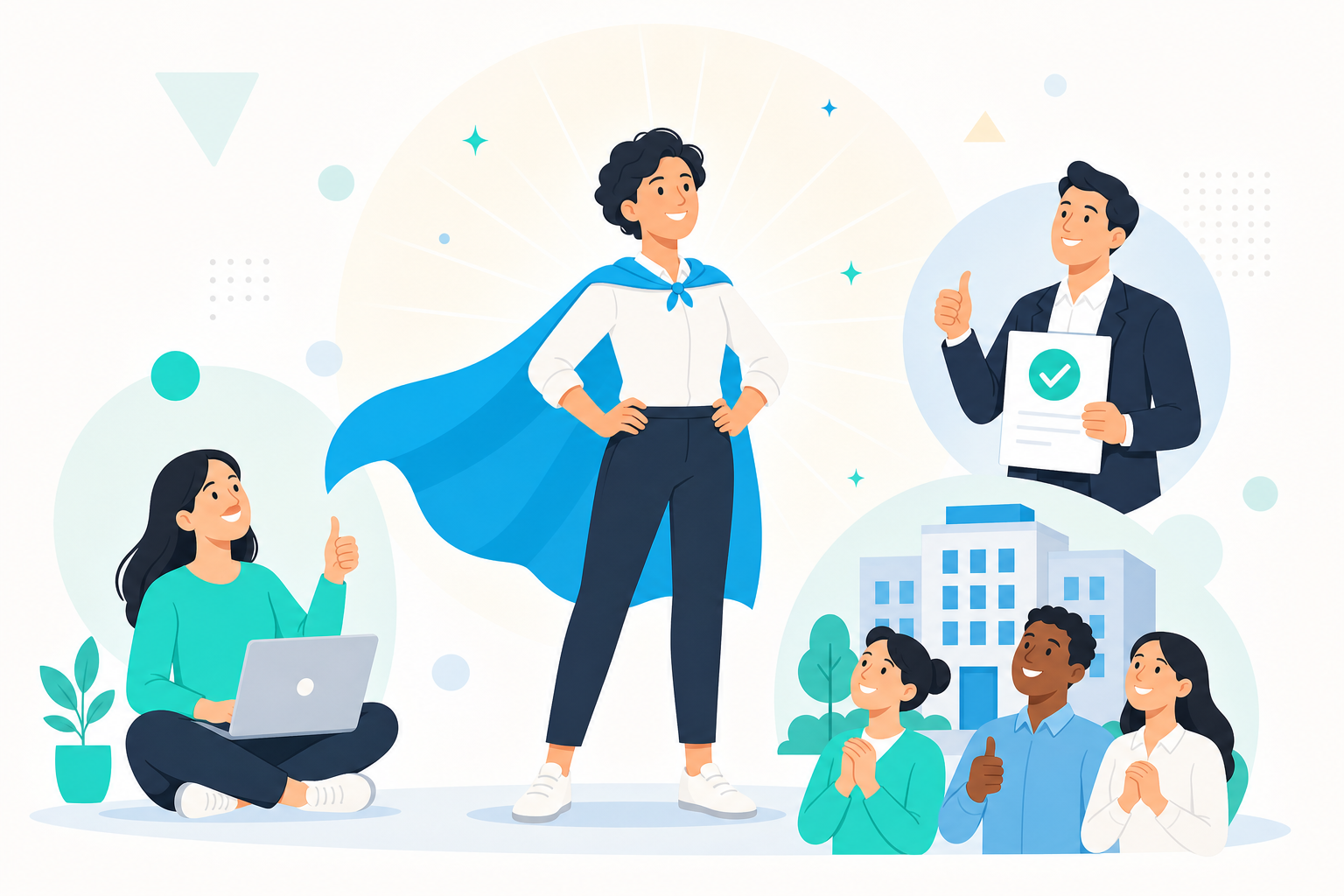 Illustration of a recruiter with candidates, hiring managers, and companies